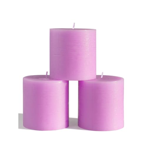 CANDWAX, Set di 3 candele decorative rustiche non profumate e senza gocciolamento, ideali come candele nuziali o grandi candele per interni di casa, 3 x 3, candele lilla
