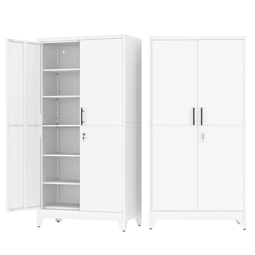 Image of White Kitchen Pantry Cabinets,79 Metal Lockable Storage for Office