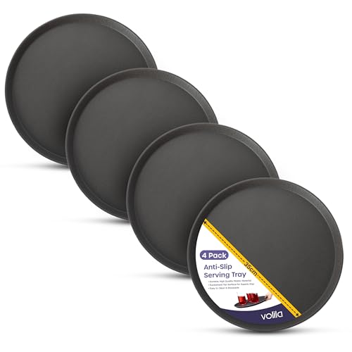 Black Round Tray - 35cm (4 Pack) Rubberized Round Trays for Food Serving and Drinks - Dishwasher Safe Non Slip Tray for Parties, Gatherings, Bars, Restaurants, and Home Use