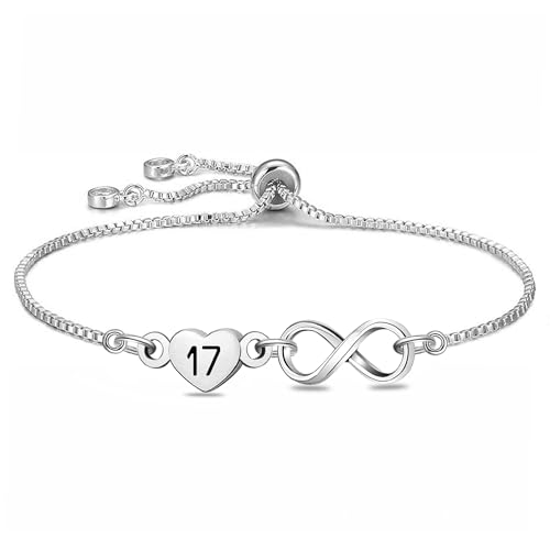 HEYEJET Birthday Gifts for 17 Years Old Girl Teenager Silver Infinity Heart Bracelet for 17th Girls Lucky Number Birthday Presents for Her Adjustable Teenis Chain Jewellery (17th gifts)