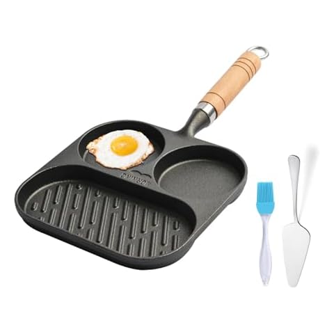 JUSTUP Nonstick Frying Pan,3-Section Cast Iron Egg Pan Divided Pan with Wooden Handle,3-in-1 Versatile Breakfast Pan,Mini Skillet Pan for Egg,Steak and Burgers (Black) Cover