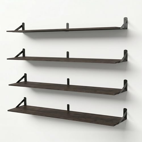 Huiyiaus Long Wall Shelf,Large Floating Shelves for Wall,Wood Floating Bookshelves Hanging,Book Storage Display for Living Room Bedroom Office Bathroom Decor,4 Pack,47 Inch,Dark Brown