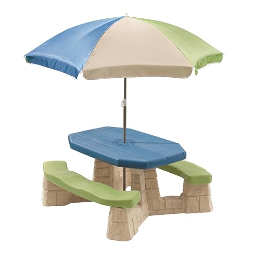 Step2 Naturally Playful Kids Picnic Table with Removable Umbrella, Indoor/Outdoor Toys, Fits 6 Children, Made of Durable Plastic, For Toddlers 3+ Years Old, Blue & Green by Step2 - Used condition - US$123.49