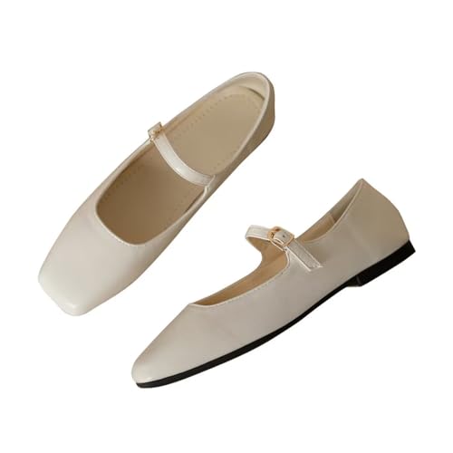 Stunner Mary Jane Square Toe Black Ballet Flats for Women, Comfortable Ankle Strap Casual Slip On Flats, White 39(7.5) 2