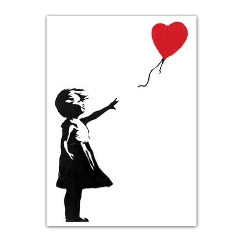 Toile Banksy fille au ballon rouge affiche street art noir et blanc 90x130 cm cadre noir