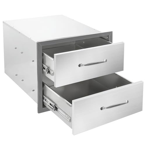 Image of Outdoor Kitchen Drawers 18 inch W x 15 inch H x 23 inch D Flush Mount Double layer BBQ Drawers with Chrome Handle,Stainless Steel Built-in 2-Drawer for Outdoor Kitchen Island, Patio Grill Station
