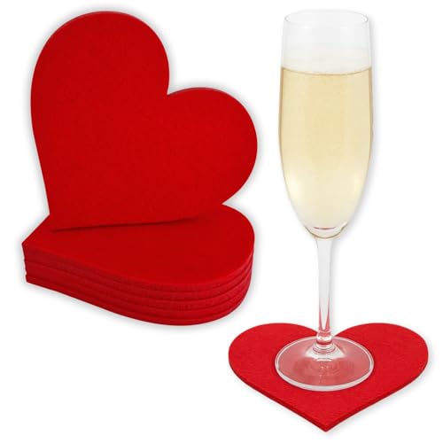 edelkern Sottobicchieri a forma di cuore in feltro, a forma di cuore rosso, per bevande, tazze e bicchieri, decorazione per matrimoni, ricevimenti, compleanni e feste, 6 pezzi