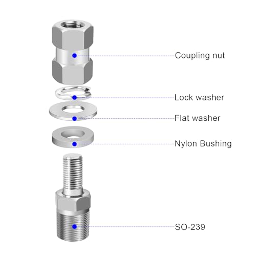 Image of (2pcs) Heavy Chrome-Plated Brass SO-239 Stud Mount CB Ham Radio Antenna Adapter for 3 /8-24 Threads Mount, fit Any 1 /2 inch Hole