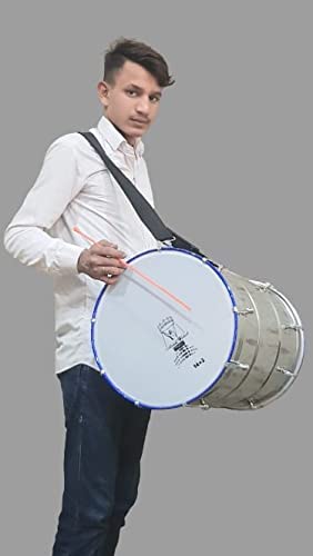 STOCK MANIA Dhol - 14.2 Bhangra Dhol stainless with nylon Belt And Danka Or Chanti Also (Silver)-image-32