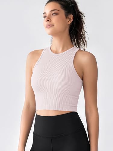 Image of ODODOS 3-Pack Seamless Crop Tank for Women Ribbed Soft High Neck Cropped Tops