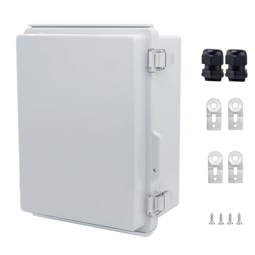 IP67 Waterproof Junction Box, ABS Plastic Electrical Enclosure with Stainless Steel Latch, Hinged Cover Electric Box with Mounting Plate, Wall Brackets &amp; Cable Glands 210x160x100