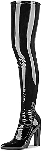 WSKEISP Women's Thigh High Boots Patent Leather PU Heeled Over The Knee High Boots Sexy Pointed Toe Chunky Heel GOGO Boots