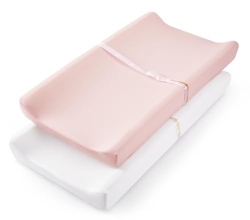 Image of TILLYOU Changing Pad Cover Set in Soft Jersey Material - Fits 32"/34''x16 Contoured Pad for Babies,Peachy Pink & White