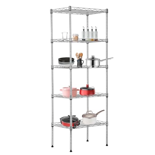 Image of BestOffice | 5-Tier Wire Storage Shelves | 17x12x48 | Chrome | with Adjustable Racks | Heavy-Duty Metal Shelf, Holds Upto 750 lbs | No-Tool Assembly | Ideal for Home & Garage Shelving