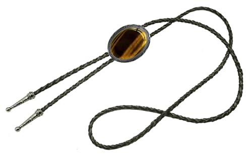 Image of Moranse Bolo Tie with Natural Tiger Eye Stone Celtic Style Genuine and Cowhide Rope