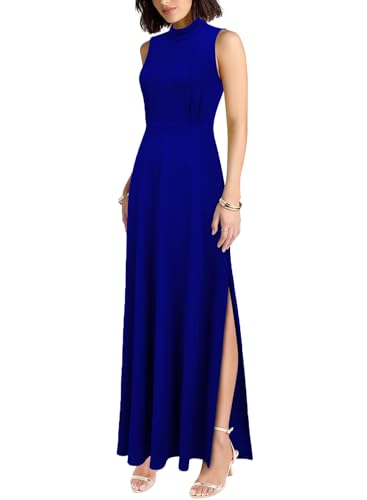Image of WOOSEA Women Sleeveless High Neck Split Evening Cocktail A-Line Long Dress Royal Blue