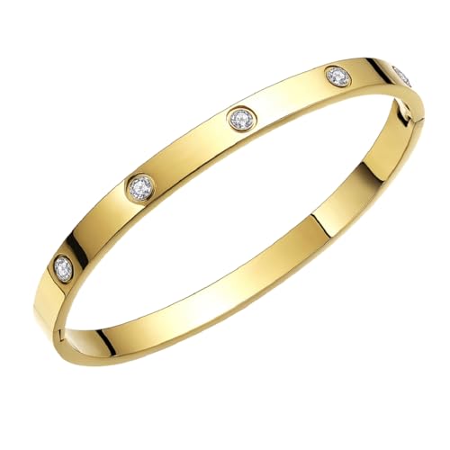 Harlorki Shiny 14K Gold Plated Round Buckle Personalized Stainless Steel Cubic Zirconia Rhinestone Charm Open Bangle Cuff Bracelet for Men Women Fashion Jewelry