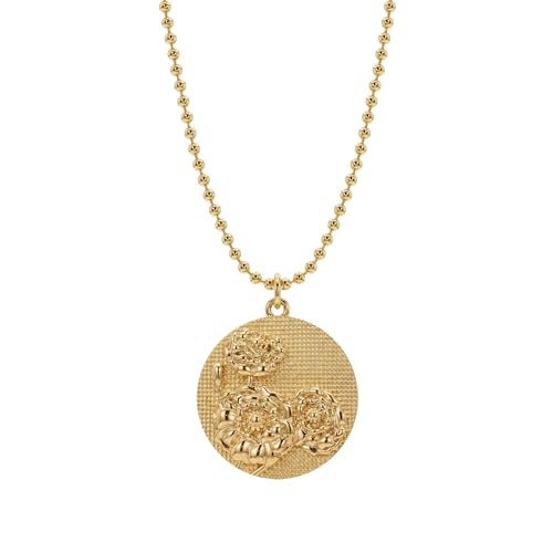 MEVECCO Gold Birth Flower Coin Necklace for Women 12 Month October Marigold Pendent 18K Gold Plated with Beaded Chain Personalized Embossed Floral Disc Necklace Birthday Gifts