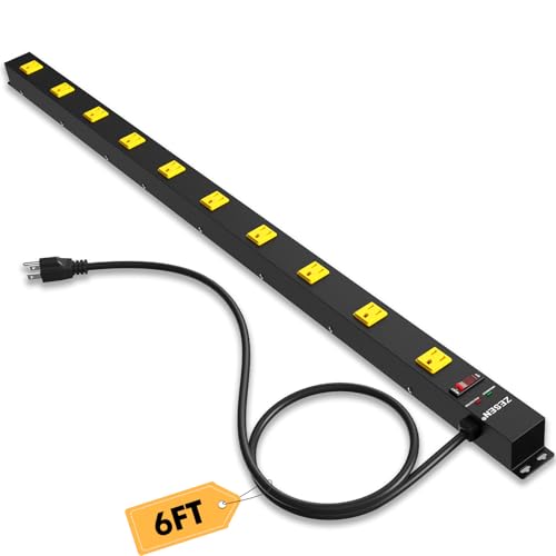 Image of 10 Outlet Long Power Strip, Wide Spaced Outlet Power Bar, Heavy Duty Metal Power Strip with 6FT Cord for Work Bench, Garage, Shop, Overload Protection Switch, ETL Listed (15A /1875W)