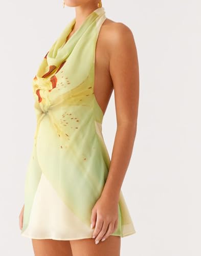 Image of Women Halter Low Neck Mini Dress Sexy Cutout Sleeveless Boho Short Dresses Open Back Night Party Going Out Sundress
