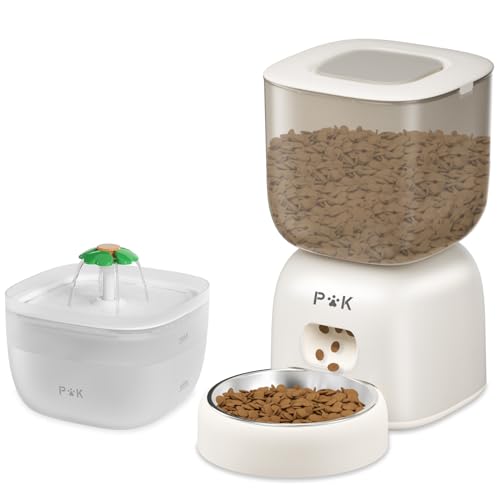 Distributeur Croquettes Chat Automatique et Fontaine à Eau Chat Combo, Autonomie de la Batterie jusqu'à 180 Jours, Enregistrement Vocal 10S, 3L Gamelle...