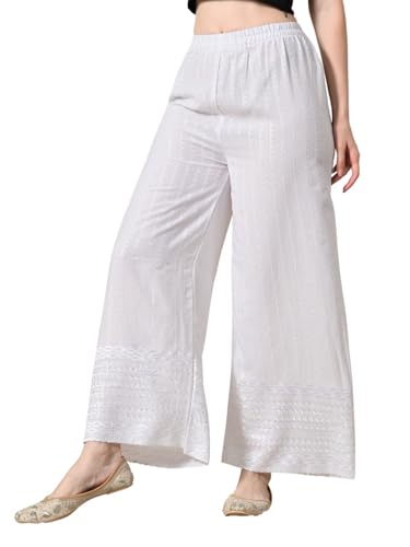 Image of feranoid White Chicken Embroidred Cotton Regular Fit Palazzo