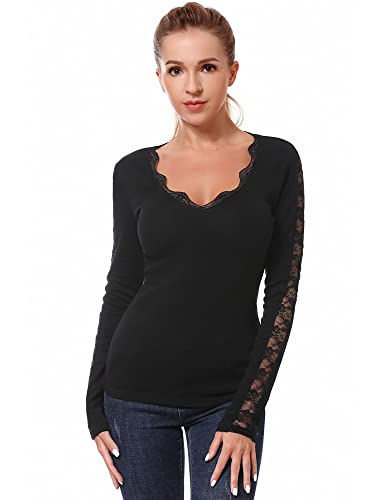 AmélieBoutik Women V Neck Floral Lace Trim Inset Long Sleeve Blouse Top2