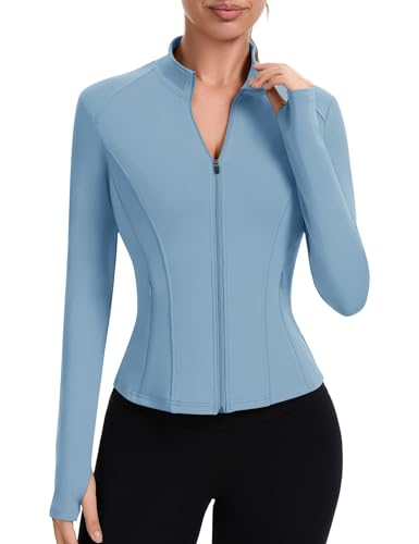 ZHENWEI Womens Workout Clothes Full Zip Up Long Sleeve Jacket Athletic Lightweight Slim Fit Tops with Pockets (Blue, XS)