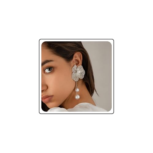 Wendalern Boho Pendientes Flor de Perla Cadena de Perlas Pendientes de la gota de la borla Grande Ginkgo Pendientes Flor de Perla Textura Metálica Pétalo Floral Pendientes Joyería para Mujer