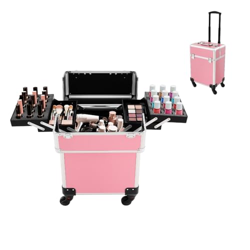 Mqwdxzfes Maletín de maquillaje profesional de aluminio, maletín de maquillaje con ruedas, cerradura y mango telescópico, carrito grande para maquilladores y peluqueros (rosa)
