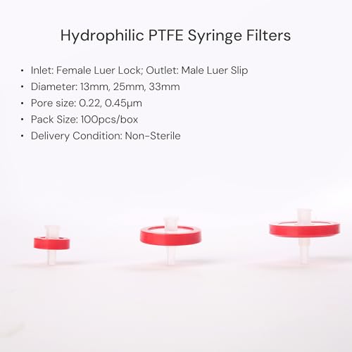 Image of 100 Pack Syringe Filter PTFE hydrophilic Lab Filters 0.1μm Pore Size 33mm Diameter Filtration Non-sterile Red