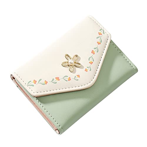 Women Girls Wallet Cute Flower Tri-Fold Wallet PU Leather Purse Slim Short Wallet Small Trifold Cash Card Holder Bag (Green)2