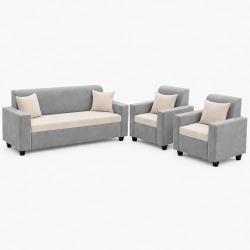 Image of FURNY QualityWood 3 Seater + 1 Seater + 1 Seater Fabric Sofa Set (Cream-Light Grey) with Velvet Finish | Durable Comfort | Ideal for Living Room