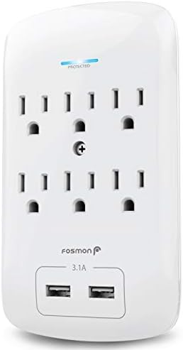 Fosmon 6 Outlet Wall Surge Protector Outlet Wall Mount, USB in Wall Charger Surge Protector (1200 Joules), 2 USB ports 3.4A, 1875W, 3-Prong Grounded