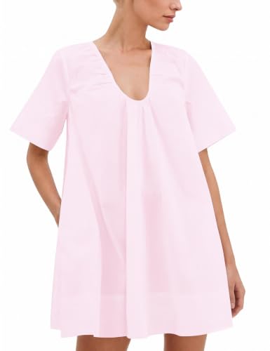 Image of OLAPTA Women Summer Sleeveless Babydoll Mini Tank Dresses Loose Fit Scoop Neck Ruched Short Dress with Pockets Party Clubwear