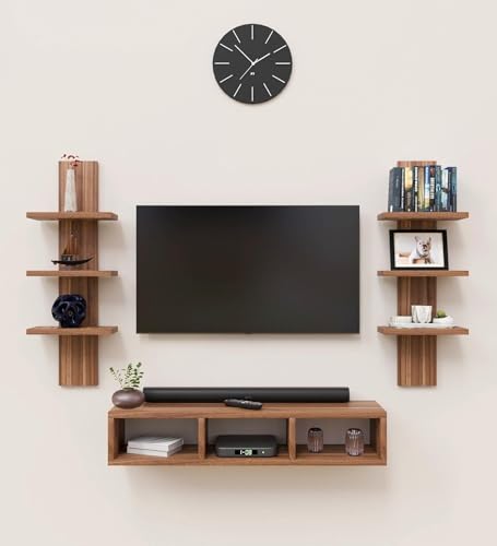 Image of SPYDER CRAFT Tokyo Engineering Wood Wall Mount TV Entertainment Unit Set Top Box Stand /TV Cabinet with Shelves for Books & Decor Display Unit Bed Living Room Upto 60 Inches Color -: Wood Brown