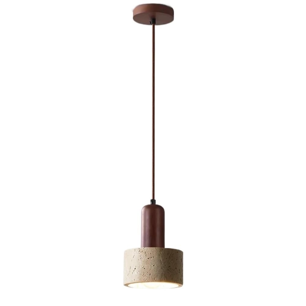 SYAXVOM Nordic Minimalist Adjustable Height Hanging Lamp Cylindrical Yellow Travertine Body Pendant Light Fixtures Solid Wood Accent Chandelier for Bedroom Living Room Entryway