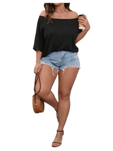 Women's Plus Size Off The Shoulder Casual Tee Top Summer Solid Dolman Short Sleeve Trendy T Shirt3