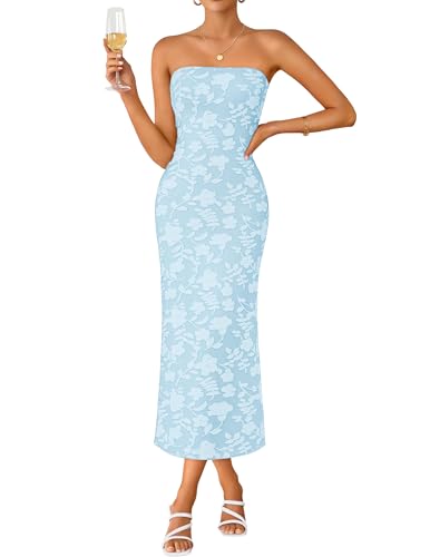 Image of ZESICA Women's 2026 Summer Floral Strapless Bodycon Midi Dress Off Shoulder Beach Formal Cocktail Wedding Guest Long Dresses