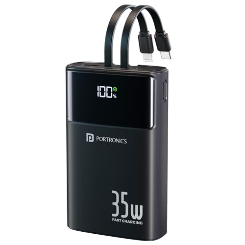 Image of Portronics Titan 35 20000mAh Fast Charging Powerbank with in-Built Type C & 8 Pin Cable, 35W Super Fast Charging, Type C PD Output, Type C Bidirectional Port, LED Display (Black)