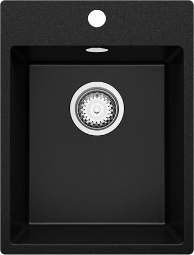PRIMAGRAN Riga S001 Kitchen Sink Black 38 x 50 cm, Granite 1 Bowl + Siphon, Countertop to Cabinet 40 cm