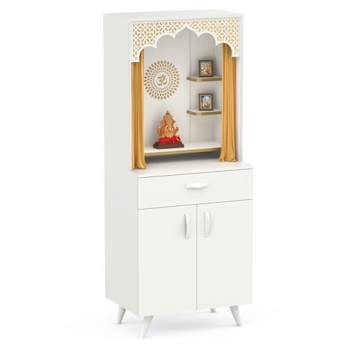 Image of BLUEWUD Sharnam Mandir, Big Size Temple for Home with Storage Cabinet, Pooja Stand, Mandir with Doors, Drawer & Golden Curtain, Floor Standing Puja Room Altar for Living Room (DIY - White)