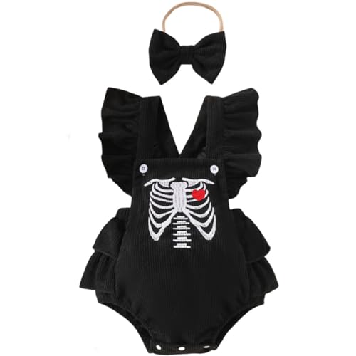 Yaopelky Disfraz de Halloween para bebé, pelele para recién nacido, con diseño de calabaza, esqueleto, manga con volantes, mono con diadema (negro, 6-12 meses)