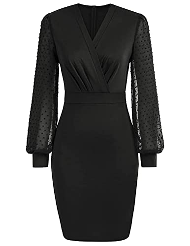 QUNERY Vestido Manga Larga Mujer Vestido Elegante Mujer Cuello V Vestido de Cóctel Fiesta B-Negro M