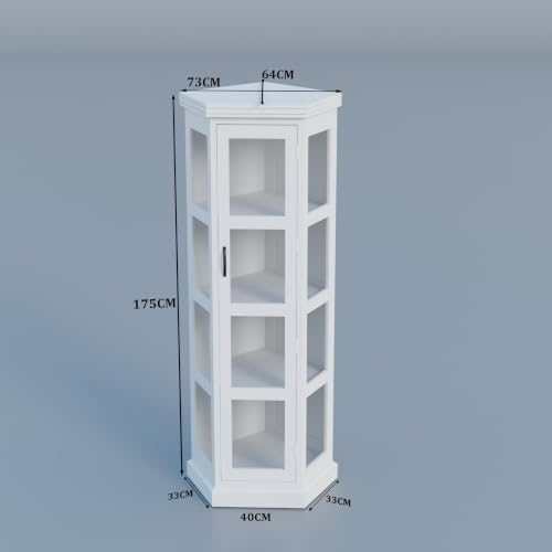 Image of Krishna Wood Decor Soild Sheesham Wood Deco White Daimond Cut Hexagonal Display Book Shelf with Acrylic Glass Door, 4 Storage Shelves Conner Bookcase, Display Cabinet Use for Library & Gust Areas