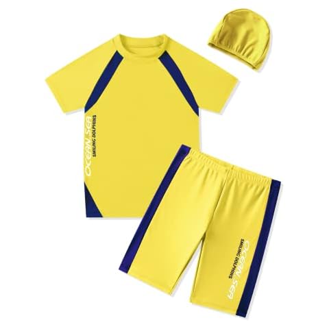 Boys Swimsuits UPF50+UV Swimwear Set Two Piece Rash Guard with Hat for Kids 4-14 Years, Yellow, 13-14 Years Cover
