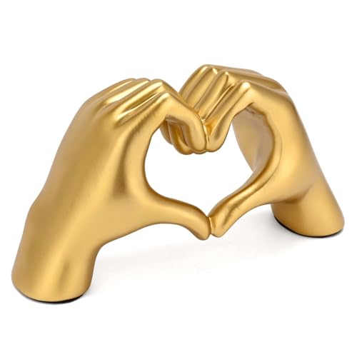 Estatua de manos en corazón decorativa en resina dorada