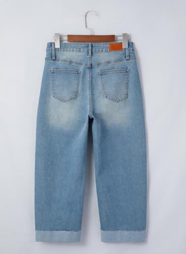 Image of Sidefeel Barrel Jeans for Women High Waisted Wide Leg Baggy Stretchy Trendy Raw Rolled Hem Capri Cropped Ankle Denim Pants