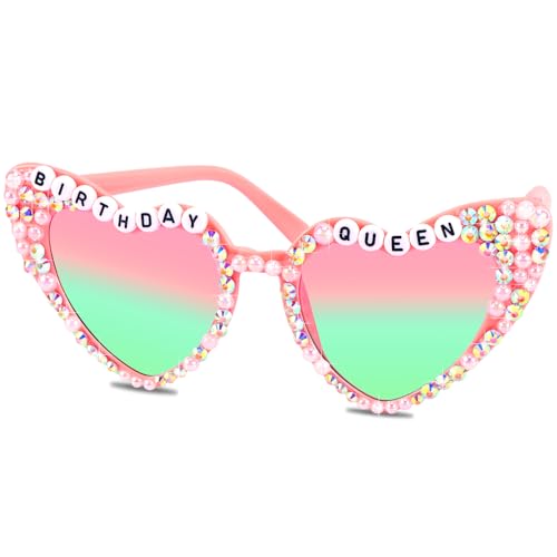 KICOSY Birthday Queen Heart-Shaped Sunglasses - Pink Rhinestone & Pearl Sunglasses with Gradient Lenses for Birthday Party Photo Booth & Celebrations
