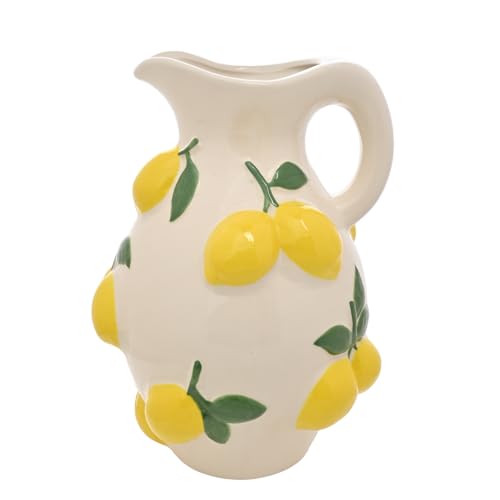 Hestia - Brocca in ceramica bianca con limoni, 25 cm, dipinta a mano, stile mediterraneo, vaso decorativo da tavolo smaltato per cucina, soggiorno o mensola, accento contemporaneo per la casa